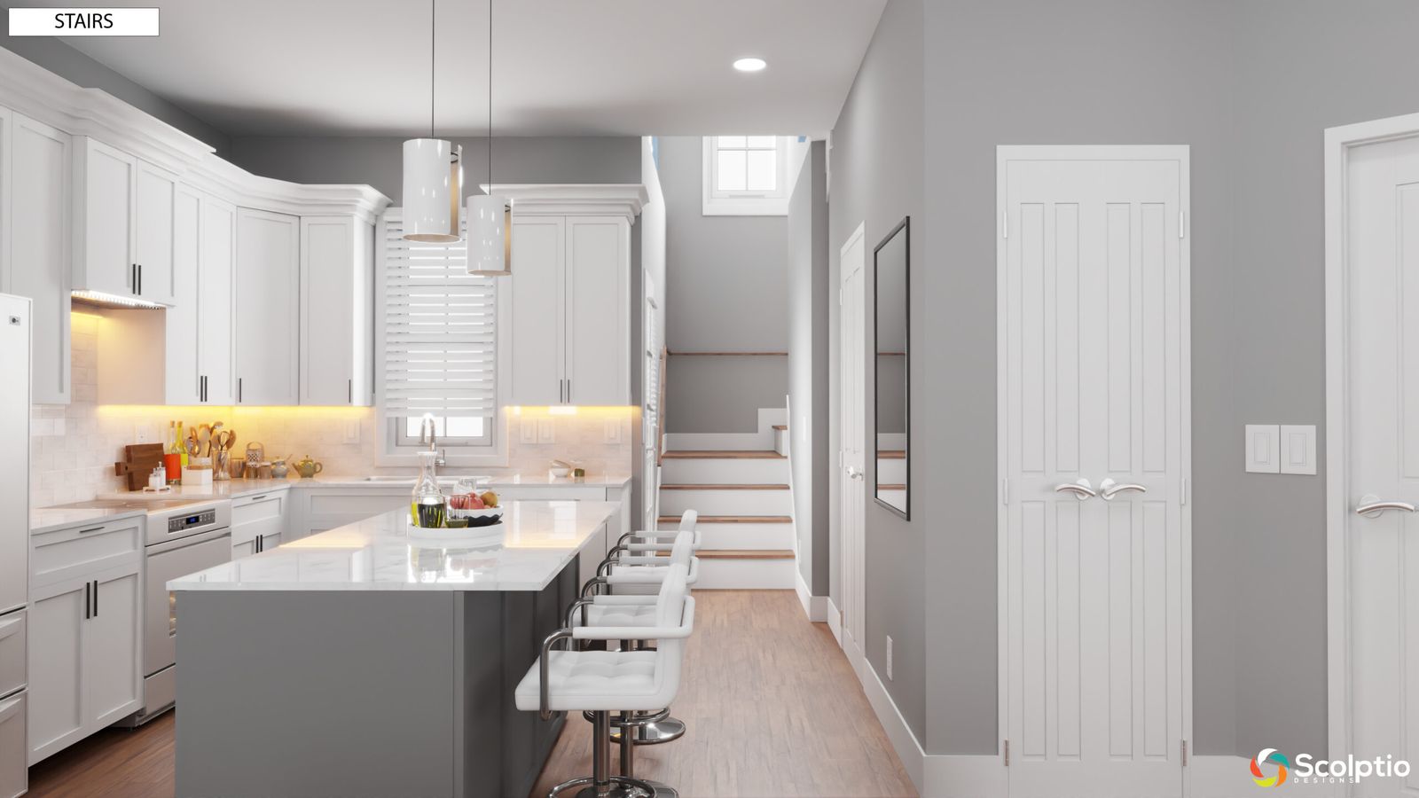 Hazelwood Village kitchen with island and white cabinetry